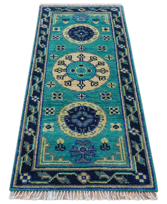 Traditional Khotan Design Teal And Blue 3x6 ft Hand Knotted Wool Area Rug