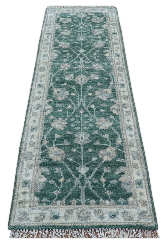 Traditional Oushak Design Green 2.6x9 ft Hand Knotted Wool Area Rug