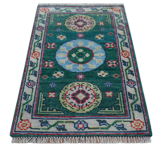 Traditional Khotan Design Teal 3x5 ft Hand Knotted Wool Area Rug