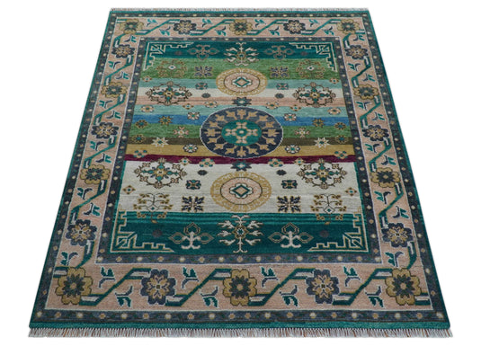 Traditional Khotan Design Beige And Teal 8x10 ft Hand Knotted Wool Area Rug