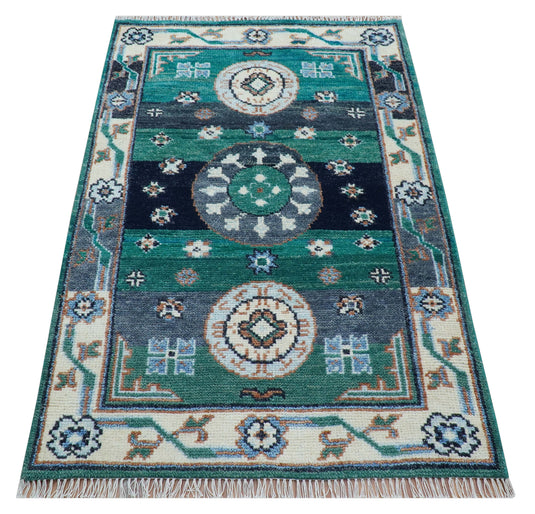 Traditional Khotan Design 4x6 ft Hand Knotted Teal And Ivory Wool Area Rug