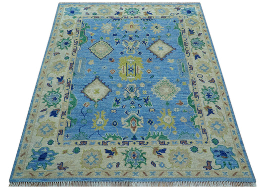 Traditional Turkish Design 8x10 ft Hand Knotted Blue And Ivory Wool Area Rug