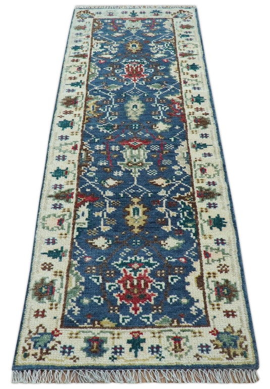 Traditional Design 2.6x8 ft Hand Knotted Blue And Ivory Wool Area Rug