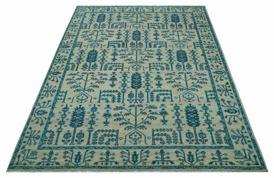 Traditional Tree of Life Teal And Ivory 9x12 ft Hand Knotted Wool Ideal for Living, Bedroom And Dining Rooms
