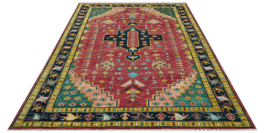 Custom Made Traditional Heriz Design Red And Green Hand Knotted Wool Area Rug