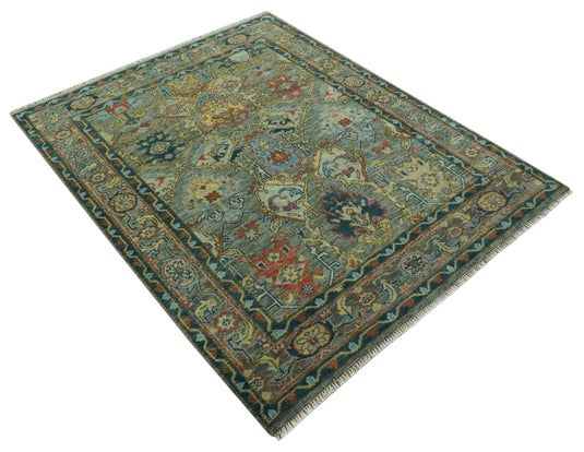 Custom Made Hand Knotted Green, Gray, Teal And Rust Traditional Oushak Wool Rug Wool Area Rug