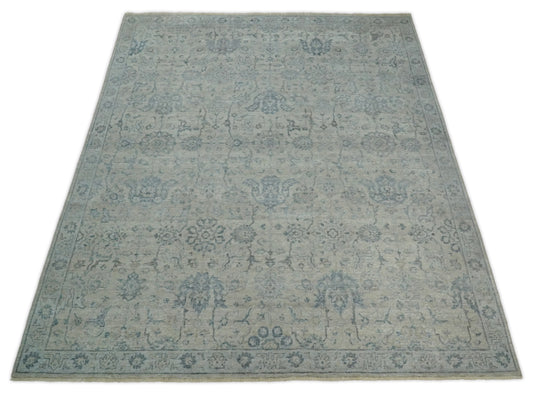 Beige and Blue Vintage Traditional Handknotted Heriz Serapi Rug Made with Wool | Oxidised,DIstressed low Pile Vintage Rug, Living Room Rug