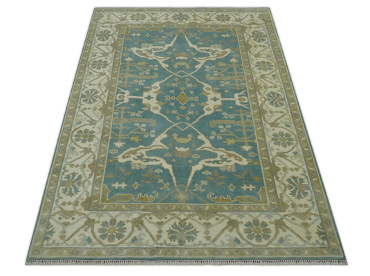 Custom Made Hand Knotted Ivory, Teal,Beige and Camel Oriental Oushak Rug Wool Area Rug