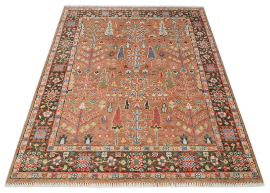 Custom Made Tree Of Life Traditional Brown And Peach Hand Knotted Oushak Wool Area Rug