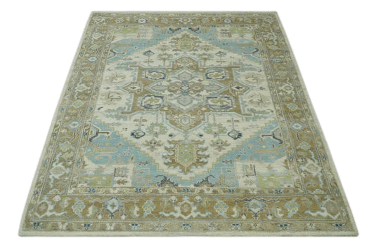 Custom Made Traditional Pattern Light Blue, Beige and Ivory Hand Knotted wool Area Rug