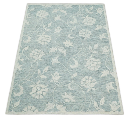 Custom Made Floral Pattern Gray And Ivory Hand Tufted Wool Area Rug