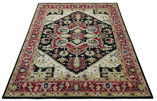 Custom Made Traditional Pattern Black, Beige, Ivory and Red Hand Knotted wool Area Rug