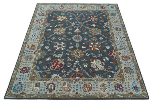 Antique Floral Traditional Oushak Charcoal, Silver And Maroon Hand Tufted Oushak 8x10 ft Bedroom, Living Room Rug Wool Area Rug