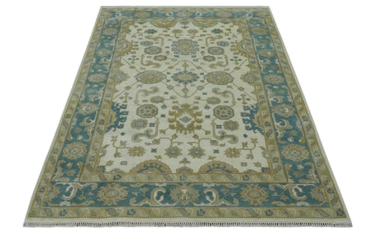 Custom Made Hand Knotted Beige, Camel and Teal Kirman Oushak Rug Wool Area Rug