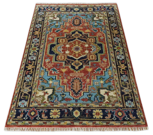 Custom Made Red, Blue, Green And Yellow Heriz Serapi Hand Knotted Wool Area Rug