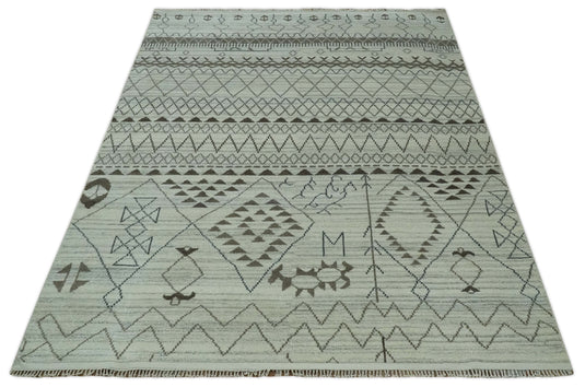 Diamond Trellis Pattern Ivory And Charcoal Hand Knotted 8x10 ft wool Area Rug