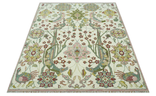 Maroon, Ivory, Green And Peach Antique Floral jungle Hand Knotted 8x10 ft Wool Rug, Living Room Rug