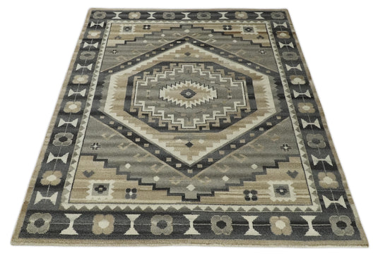 Traditional Medallion pattern Ivory, Beige, Charcoal and Brownish Gray Hand knotted 8x10 ft wool Area Rug