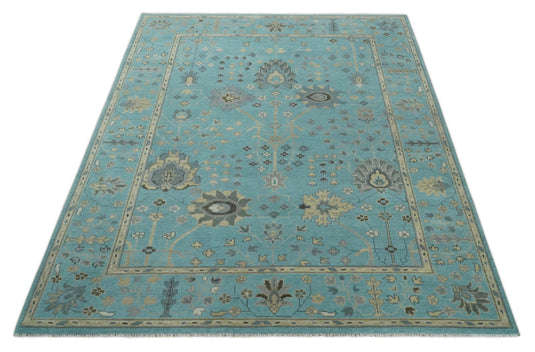 Custom Made Traditional Floral Hand Knotted Blue, Gray And Beige Wool Area Rug