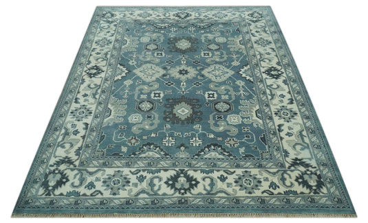 Custom Made Hand Knotted Blueish Gray And Charcoal Antique wool Area Rug