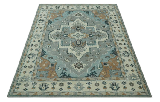 Custom Made Traditional Heriz Gray, Beige And Ivory Hand Knotted Wool Area Rug