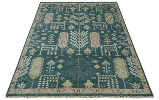 Tree Of Life Teal And Light Brown Hand Knotted 8x10 ft wool Area Rug