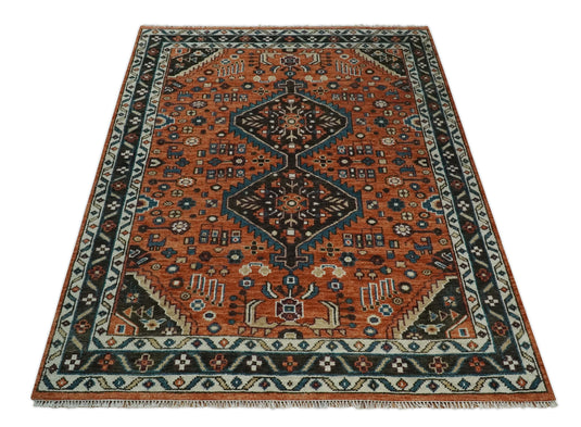 Rust Brown and Blue Hand Knotted 5X7, 5x8, and 8x10 Vintage Antique Persian Wool Area Rug, Bedroom, Living Room and Bedroom - CP810S