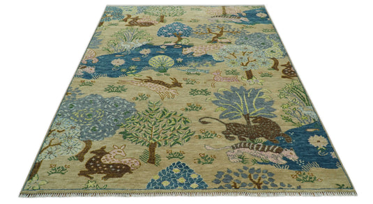 Custom Made Nature Vintage Style Beige And Blue Hand Knotted Wool Area Rug