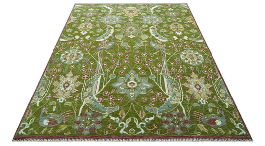 Custom Made Hand Knotted Green Peacock Motifs Wool Area Rug