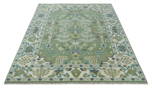 Hand Knotted Traditional Turkish Rug Green, Ivory and Silver 8x10, 9x12 ft Ideal for Living, Bedroom, and Dining Rooms | CP1912