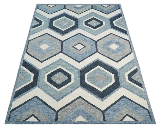 Custom Made Geometrical Honeycomb Pattern Ivory, Blue And Gray Hand Tufted  Wool Area Rug