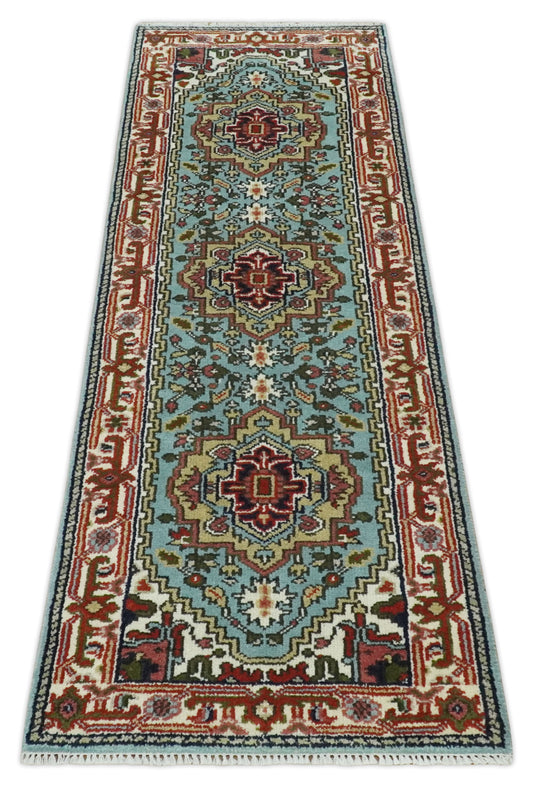 Hand Knotted Heriz Serapi Rug Aqua, Blue and ivory Ideal for Living, Bedroom, and Dining Rooms Multi Size Wool Rug | CP1914