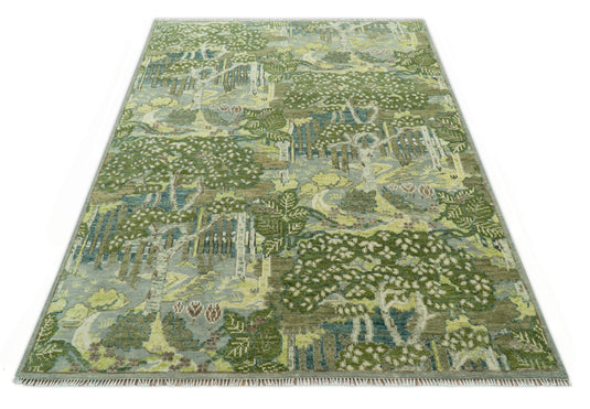 Custom Made Nature Theme Green And Gray Hand Knotted Wool Area Rug