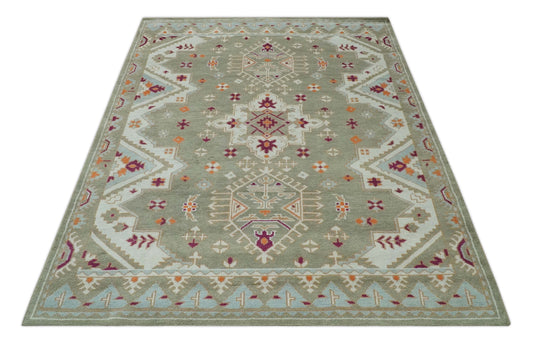 Custom Made Tribal Pattern Olive, Ivory and Pink Traditional Hand knotted  wool Area Rug