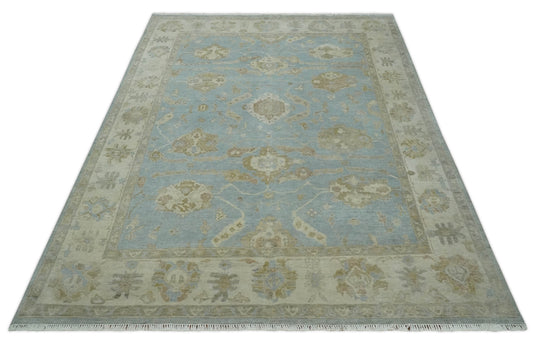 Traditional Oushak Hand Knotted Blue, Brown, Ivory and Olive 9x12 ft Bedroom, Living Room Rug ,wool Area Rug