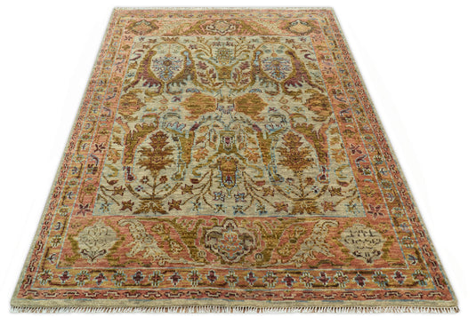 Custom Beige, Peach And Green Transition Hand Knotted Wool Area Rug