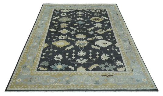 Custom Made Hand Knotted Oriental Oushak Black, Beige, Ivory And Gray Wool Area Rug