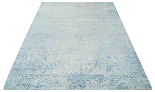 Floral Abstract Blue And Ivory Hand Knotted 9.7x12.9 ft Bedroom, Living Room Rug Bamboo Silk Area Rug