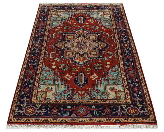 HandKnotted Heriz Serapi Rug Navy Blue, and Rust Ideal for Living, Bedroom, and Dining Room 5x8, 6x9, 8x10, 9x12 and 10x14 Wool Rug