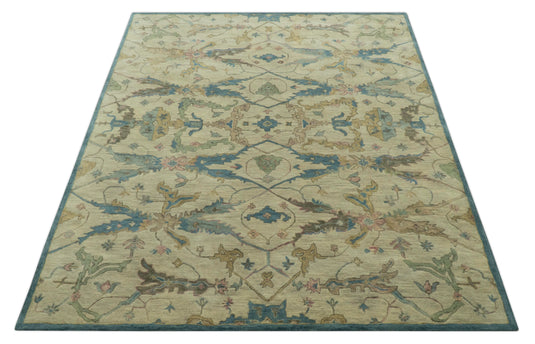 Custom Made Beige And Blue Traditional Oushak Design Hand Tufted Wool Area Rug
