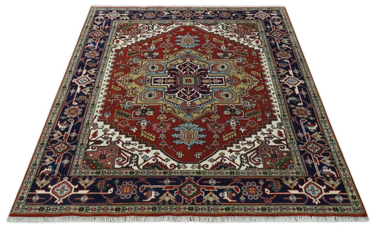 Hand Knotted Heriz Serapi Rug Rust and Blue 8x10 ft Ideal for Living, Bedroom, and Dining Rooms | CP1859810S