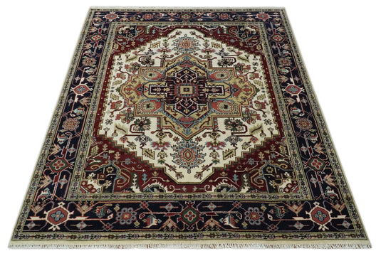 Hand Knotted Heriz Serapi Rug Ivory and Blue 3x5, 4x6,8x10, 9x12 ft Ideal for Living, Bedroom, and Dining Rooms | CP1858810