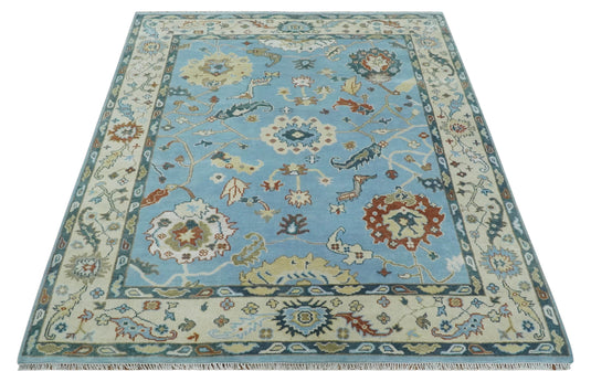 Hand Knotted Oriental Oushak Rug Blue and Beige 8x10 ft Ideal for Living, Bedroom, and Dining Rooms | CP1909810S