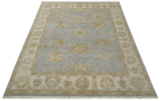 Hand Knotted Traditional Oushak Blue, Beige and Ivory 8x10 ft Bedroom, Living Room Rug ,wool Area Rug