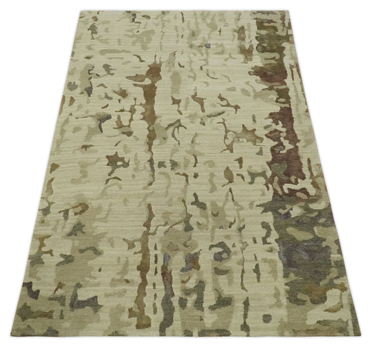 Abstract Design Hand Knotted Ivory and Brown Color 4x6 ft Bedroom, Living Room Rug Wool and Art Silk Area Rug