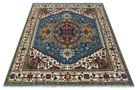 Hand Knotted Heriz Serapi Rug Ivory and Blue 8x10 ft Ideal for Living, Bedroom, and Dining Rooms | CP1857810