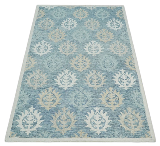 Custom Made Traditional Ikat Pattern Gray, Ivory, Beige And Blue Hand Tufted Wool Area Rug