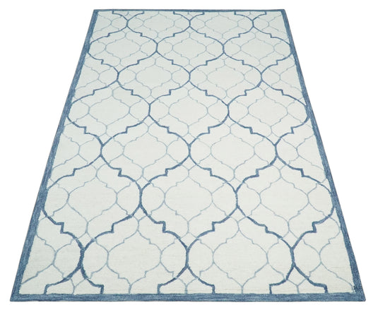 Custom Made Geometrical Trellis Ivory, Blue And Gray Hand Tufted Wool Area Rug