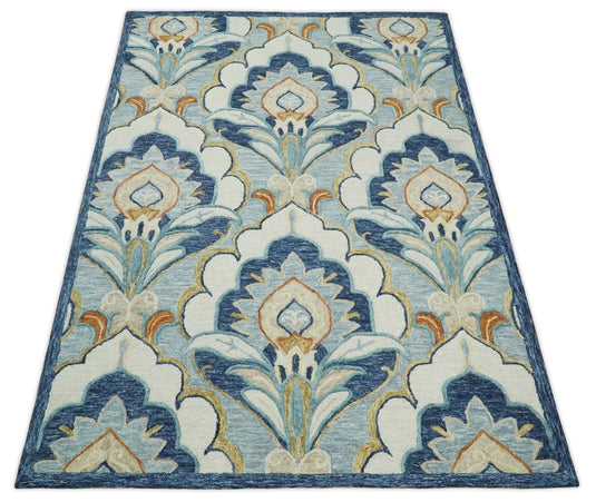 Custom Made Floral Design Gray, Blue, Ivory, Olive And Rust Hand Tufted Wool Area Rug