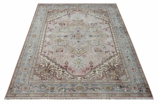 Beige, Peach and Silver Antique Finish Hand knotted Heriz Serapi 8X10 ft  wool Area Rug CP1815810S